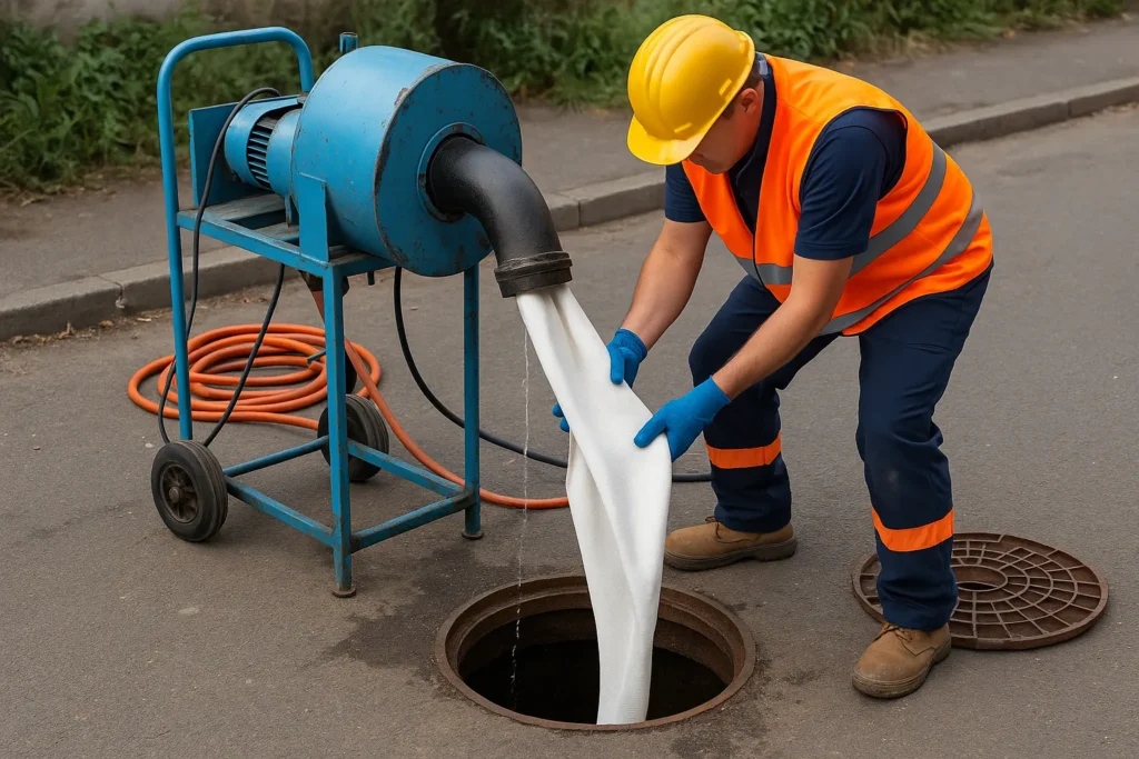 Worker using a vacuum truck to remove debris from a sewer line, wearing safety gear including a hard hat and gloves, with a blue machine and hose positioned near a manhole.