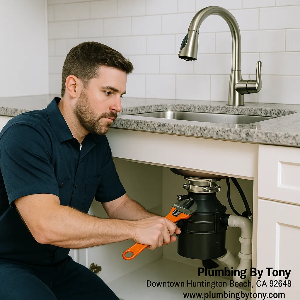 Plumbing By Tony technician repairing a sink drain backup in Downtown Huntington Beach.