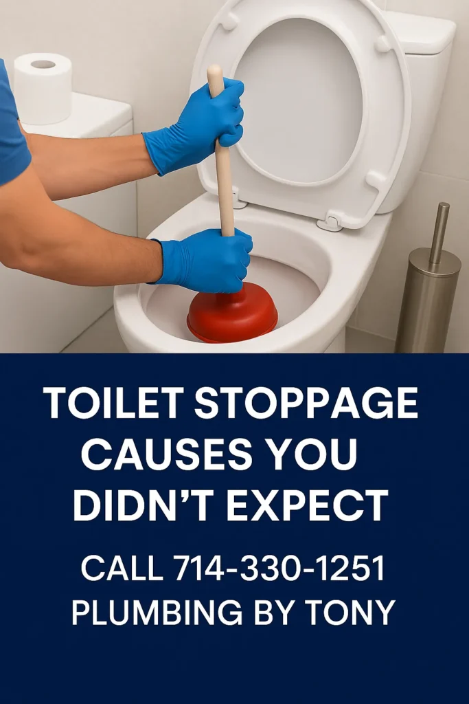Plumbing by Tony service technician addressing toilet stoppage issue, showcasing expert plumbing solutions.