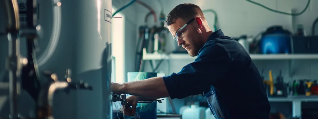 Technician inspecting a water heater, focused on maintenance and repair, in a well-equipped plumbing workshop.