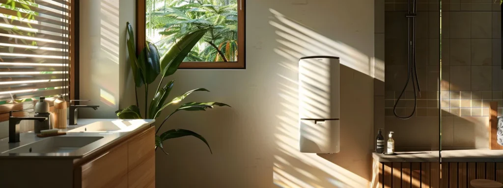 Modern bathroom with dual sinks, natural wood cabinetry, and a sleek water heater, featuring sunlight streaming through blinds and indoor plants, emphasizing a serene and functional space for water heater installation and repair.