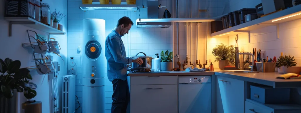 Man preparing a meal in a modern kitchen with a water heater, emphasizing home maintenance and efficient water heating solutions.