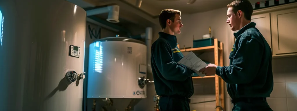Professional technicians discussing water heater repair in a residential setting, featuring water heaters and plumbing equipment, emphasizing expertise in Huntington Beach water heater services.