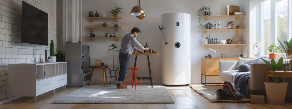 Modern home interior with a person inspecting a white energy-efficient water heater, surrounded by a cozy living space featuring plants, shelves, and a television, emphasizing home comfort and plumbing solutions.