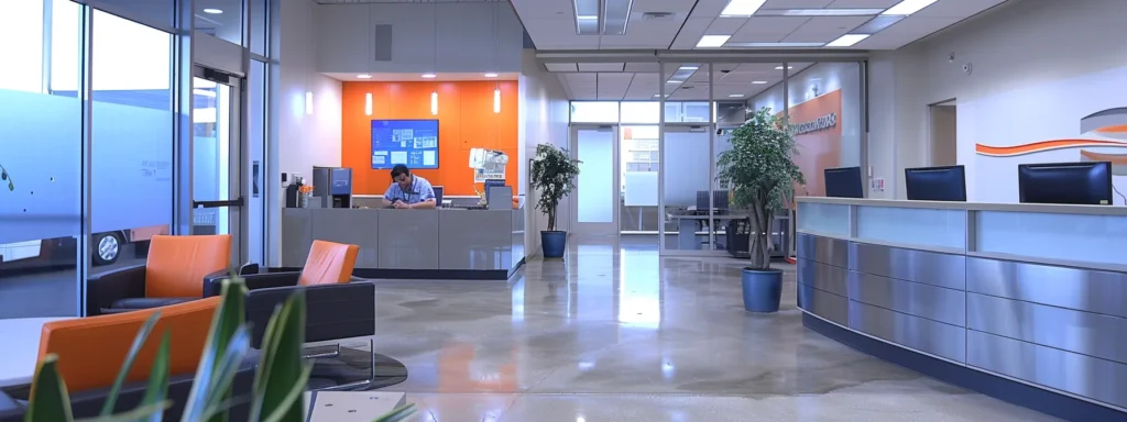 Modern office reception area with sleek design, featuring a reception desk, seating, and greenery, reflecting a professional environment for plumbing services in Huntington Beach.