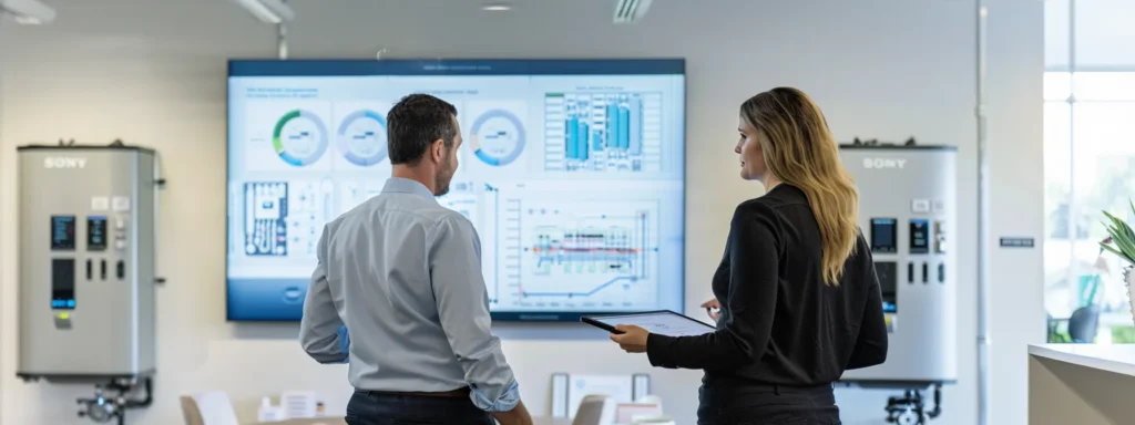 Two professionals discussing water heater installation and repair solutions in a modern office with digital displays and plumbing equipment in the background.