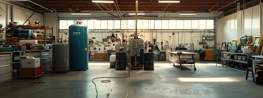 Plumbing workshop interior featuring a blue water heater, storage cabinets, and tools, emphasizing professional water heater installation and repair services in Huntington Beach.