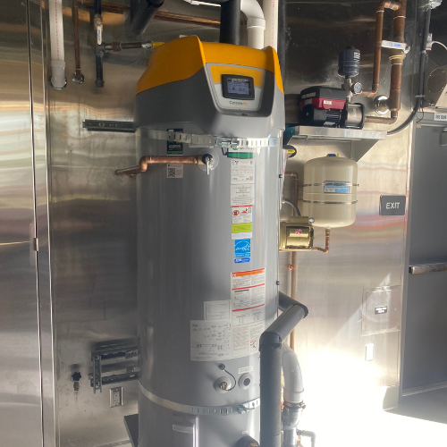 Plumbing By Tony Water heater installation with digital display and plumbing connections, enhancing water efficiency and pressure solutions for plumbing services in Huntington Beach, CA.